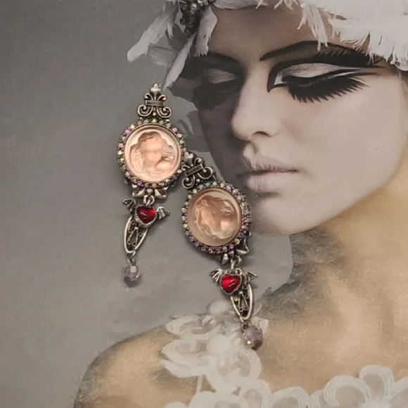 Vintage Signed Kirks Folly Whimsical Pink Cameo Crystal Ornate Silver Earrings